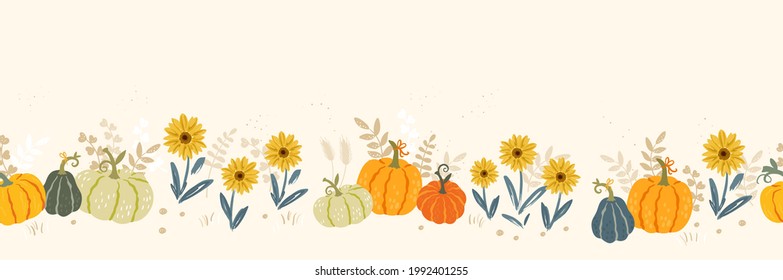 Lovely hand drawn Thanksgiving seamless pattern with pumpkins and sunflowers, great for textiles, table cloth, wrapping, banners, wallpapers - vector design