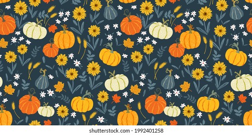 Lovely hand drawn Thanksgiving seamless pattern with pumpkins and sunflowers, great for textiles, table cloth, wrapping, banners, wallpapers - vector design