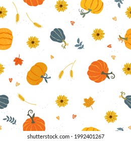 Lovely hand drawn Thanksgiving seamless pattern with pumpkins and sunflowers, great for textiles, table cloth, wrapping, banners, wallpapers - vector design