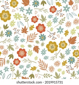 Lovely hand drawn Thanksgiving seamless pattern with flowers and autumn leaves, cute doodle background, great for textiles, wrappers, banners, wallpapers -vector design
