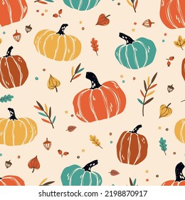 Lovely Hand Drawn Thanksgiving Seamless Pattern With Pumpkins And Sunflowers, Great For Textiles, Table Cloth, Wrapping, Banners, Wallpapers - Vector Design