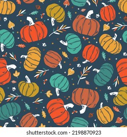 Lovely Hand Drawn Thanksgiving Seamless Pattern With Pumpkins And Sunflowers, Great For Textiles, Table Cloth, Wrapping, Banners, Wallpapers - Vector Design