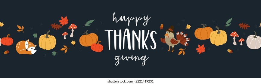 Lovely Hand Drawn Thanksgiving Seamless Pattern With Pumpkins And Sunflowers, Great For Textiles, Table Cloth, Wrapping, Banners, Wallpapers - Vector Design 