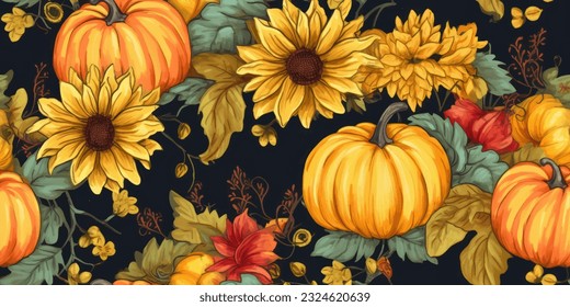 Lovely hand drawn Thanksgiving seamless pattern with pumpkins and sunflowers, great ,