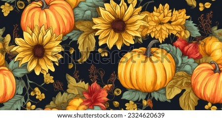 Lovely hand drawn Thanksgiving seamless pattern with pumpkins and sunflowers, great ,