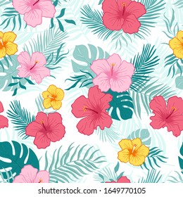 Lovely hand drawn tropical flowers and leaves seamless pattern, hibiscus and palm tree leaves, great for textiles, banners, wallpapers - vector design