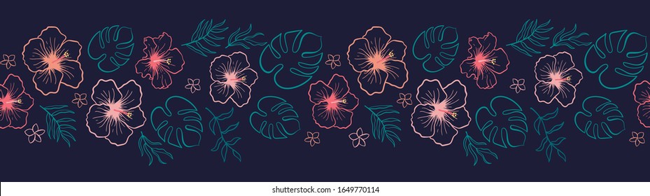Lovely hand drawn tropical flowers and leaves horizontal seamless pattern, hibiscus and palm tree leaves, great for textiles, banners, wallpapers - vector design