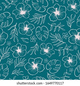 Lovely hand drawn tropical flowers and leaves seamless pattern, hibiscus and palm tree leaves, great for textiles, banners, wallpapers - vector design