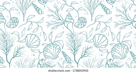 Lovely hand drawn under water plants seamless pattern, summer background, great for textiles, banners, wallpapers, wrapping - vector design
