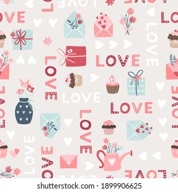 Bonito patrón sin fisuras del día de San Valentín, adorables elementos de diseño, estilo boho, genial para envolturas, textiles, moda, banners, papel de pared - diseño vectorial