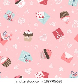 Lovely hand drawn Valentine's Day seamless pattern, cute design elements, boho style, great for wrapping, textiles, fashion, banners, wallpapers - vector design