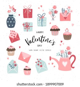 Lovely hand drawn Valentine's Day design, cute doodle cupcakes, gift boxes, letters and flowers, boho style - vector design