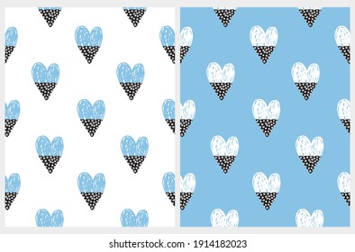 Lovely Hand Drawn Valentine's Day Seamless Vector Pattern with Blue and Black Heart Isolated on a White Background. Infantile Style Repeatable Print with Funny Doodle Heart. 