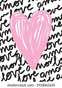 Lovely Hand Drawn Valentine's Day Vector Illutration with Pink Heart and Black Handwritten Love Isolated on a White Background. Infantile Style Print with Funny Doodle Heart ideal for Card, Poster.