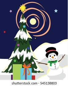Lovely, hand drawn vector illustration of a snowman with a Christmas tree, this would work well as a holiday card. 