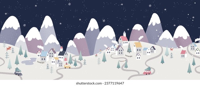 Lovely hand drawn winter landscape. Christmas banner. Cute houses in a snowy valley. Horizontal seamless landscape.