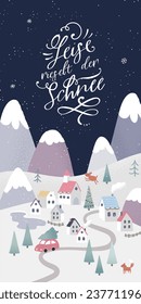 Lovely hand drawn winter landscape. Christmas banner. Cute houses in a snowy valley. Text in German saying "The snow falls quietly" 