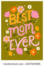 Lovely hand drawn and written Mother's Day card, retro design, vibrant colors