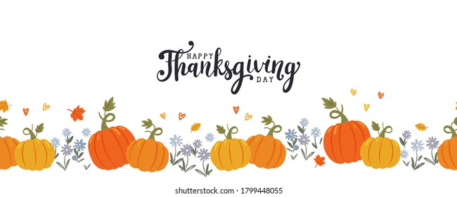 Lovely hand drawn and written Thanks Giving Design, cute pumpkins, leaves and font, great for Thanksgiving banners, wallpapers, cards - vector design