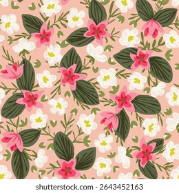 
Lovely hand painted flowers and leaves in a valley as a maximalist botanical pattern in colors of pink, off white, yellow and green on cream background. Floral seamless vector pattern. Great for home