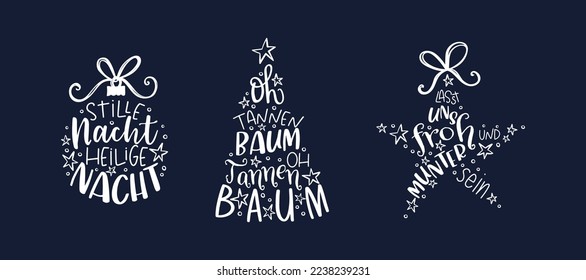 Lieblich handgeschriebenes Weihnachtsdesign in deutscher Sprache, verschiedene Aussagen und Sätze beliebter Weihnachtslieder wie "Stille Nacht, Heilige Nacht", "Oh Christmastree" oder "Lasst uns glücklich und fröhlich sein"