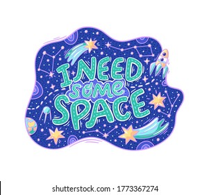 Lovely hand-drawn lettering about space in doodle style.