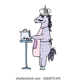 Lovely hand-drawn unicorn-cook in an apron the preparing dinner.