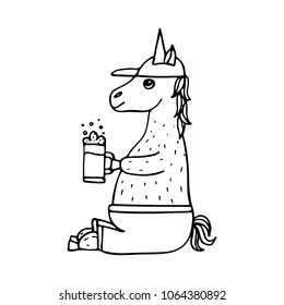 Lovely hand-drawn unicorn-football fan with a glass of beer.