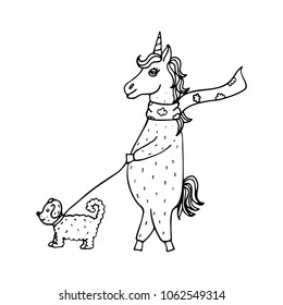 Lovely hand-drawn unicorn-girl in a scarf walking with a dog on a lead.