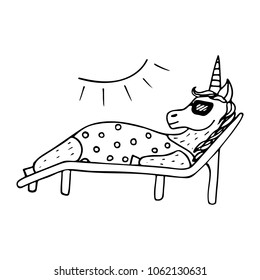 Lovely hand-drawn unicorn-girl sunbathing on a plank bed.