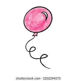 Lovely hand-drawn watercolor illustration of pink balloon. Colorful festive balloons isolated in doodle style.