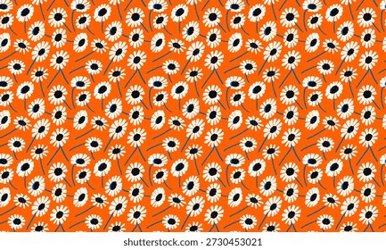 A lovely hand-painted daisy pattern. The petals are white, the stamens are black, and the stems are blue, scattered across an orange background.