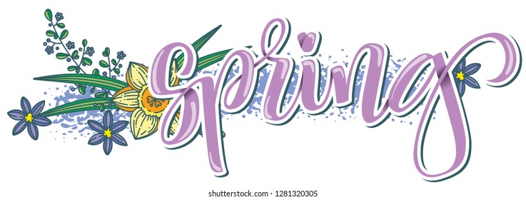 Lovely handwritten brushpen calligraphy pink coloured word spring with flowers and grass 