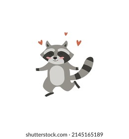 Lovely happy baby raccoon or racoon animal character running surrounded with hearts symbols, cartoon flat vector illustration isolated on white background.