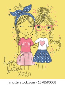 LOVELY HAPPY BEST FRIEND FOREVER, CUTE GIRL VECTOR GRAPHIC T SHIRTS DESIGNS PRINT