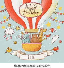 Lovely happy birthday card in bright summer colors. Sweet animals: elephant, bear and giraffe in air balloon in the sky. Awesome personalized childish background in vector