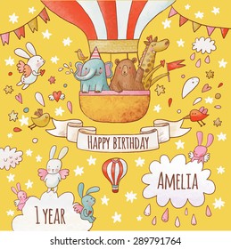 Lovely happy birthday card in bright summer colors. Sweet animals: elephant, bear and giraffe in air balloon around flying rabbits in the sky. Awesome personalized childish background in vector