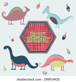 Lovely happy birthday card in vector. Sweet inspirational card with cartoon dinosaurs and cakes in floral wreath in retro colors. Cute funny dinosaurs in vector
