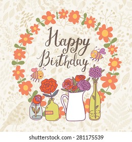 Lovely happy birthday composition. Stylish floral card with awesome flowers, text and cute bee. Congratulation card in vector