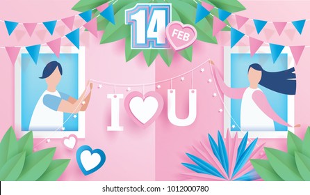 lovely happy couple. Valentine's day celebration on window with text I LOVE YOU design for Valentine's day festival. love pink background. Vector illustration.paper art style.