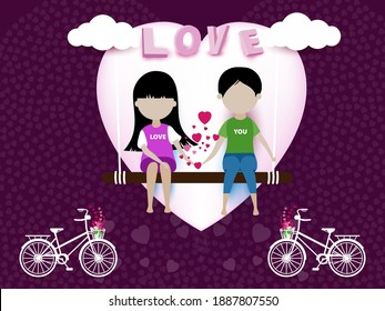lovely happy couple. Valentine's day with text love design for valentine's day festival. love you and young joyful,clouds,paper cut big heart. bicycle flower design vector illustration.