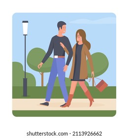Lovely happy couple walking outdoor and talking. Romantic relationship beautiful moment cartoon vector illustration