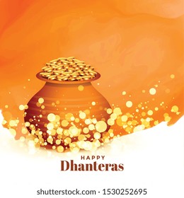 lovely happy dhanteras festival card with gold coin pot