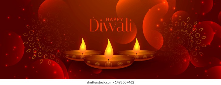 lovely happy diwali banner with three diya lamps