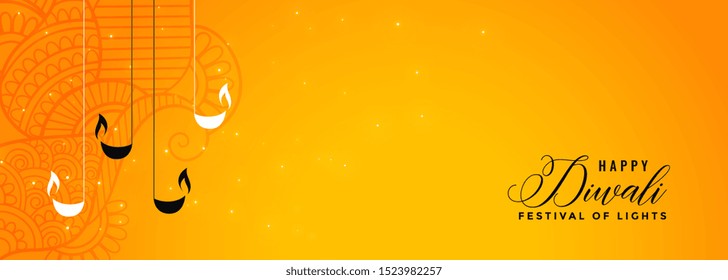 lovely happy diwali yellow banner design with diya