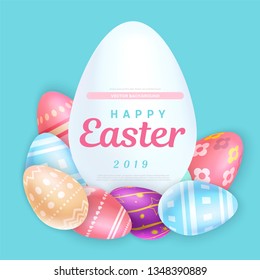 Lovely happy Easter 2019 inscription on big white egg amidst colored set of them