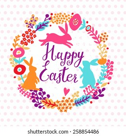 Lovely happy easter card in bright spring colors. Funny rabbits in flowers. Bright floral background in cartoon style in vector