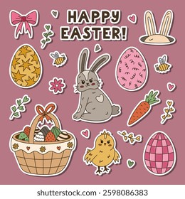 Lovely Happy Easter egg hunt and springtime doodle sticker set for planners, notebooks. Ready for print sheet of cute stickers with colorful doodle of bunny, cute chick, painted eggs, rabbit ear.