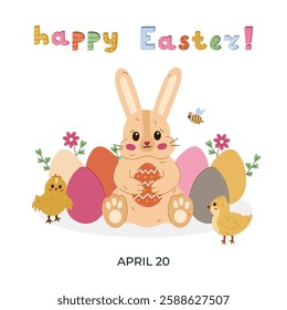 Lovely Happy Easter postcard with cartoon illustration of bunny holding egg in paws at lawn among Easter eggs, cute chicks and hand drawn 3d lettering. Holiday poster for religious spring event.