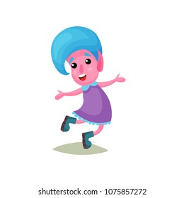 Lovely happy girl troll with blue hair and pink skin, funny fairy tale character vector Illustrations on a white background